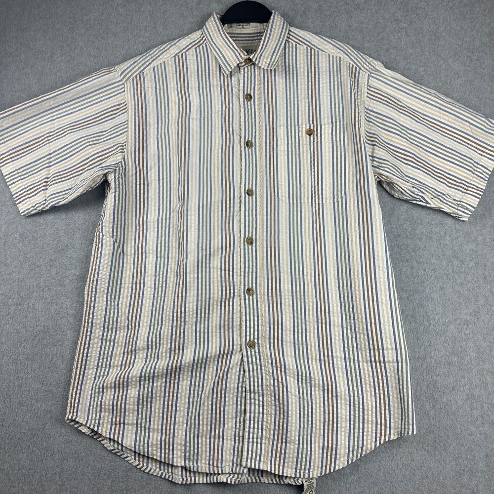 Orvis Shirt Mens M Button Up S/S‎ Blue Green White Seersucker Fish Outdoors EUC